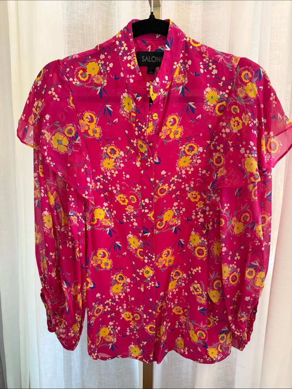 SALONI Fuchsia Floral Button-Front Blouse with Yellow Accents